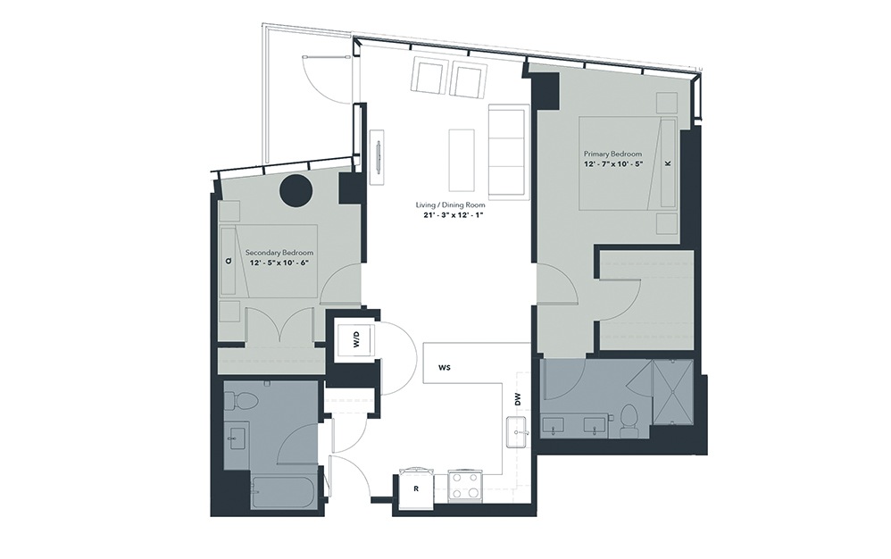 B3 - 2 bedroom floorplan layout with 2 baths and 1057 square feet.